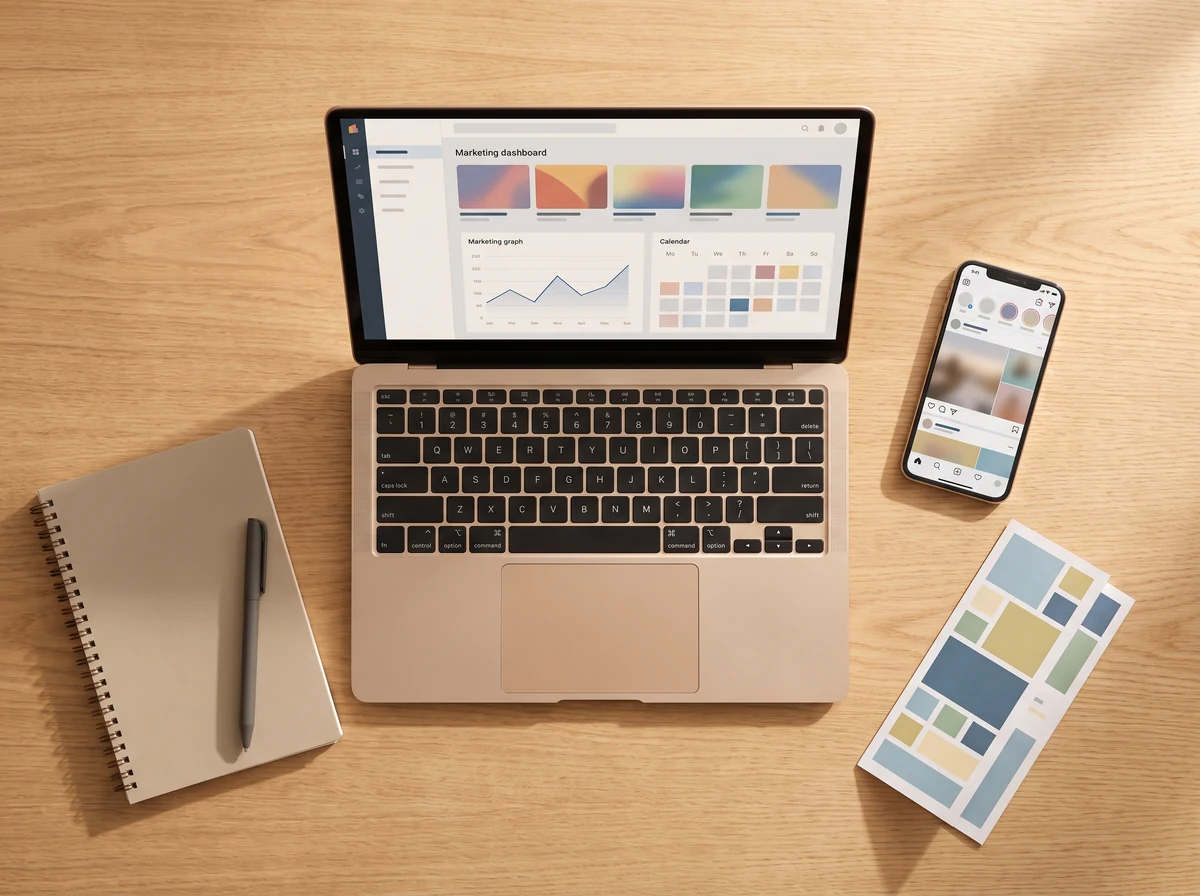 Aufgeräumter Arbeitsplatz mit Laptop, Marketing-Dashboard, Smartphone und Print-Layout