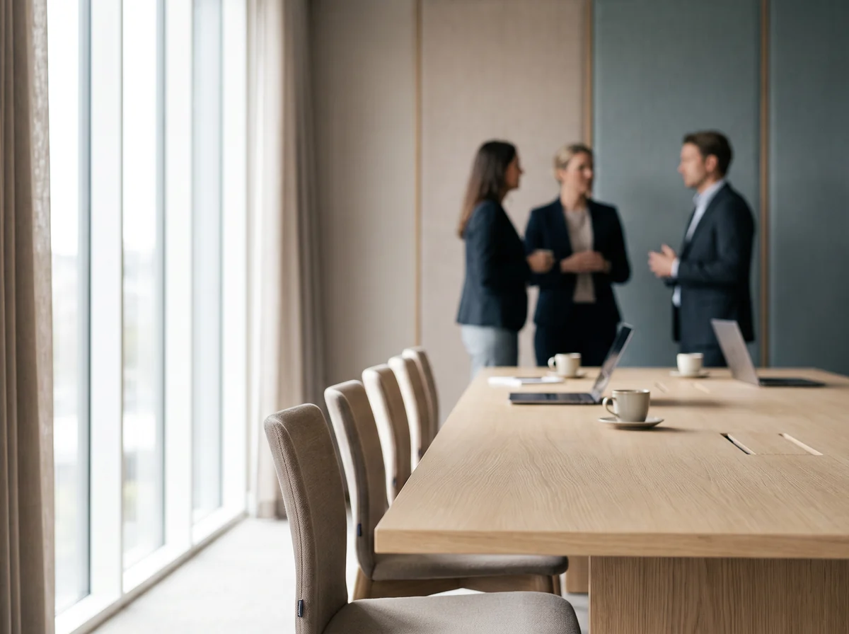 Angedeutete Runde von Fachleuten in einem hellen Meetingraum als Sinnbild für Interim Management und Expertennetzwerk